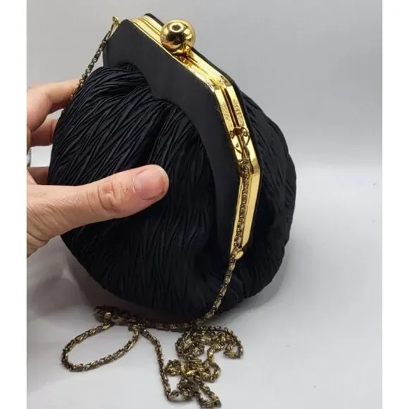 Shals Vintage Black Peau de Soie Clutch Pleated Evening Bag w Chain Strap - Picture 4 of 8